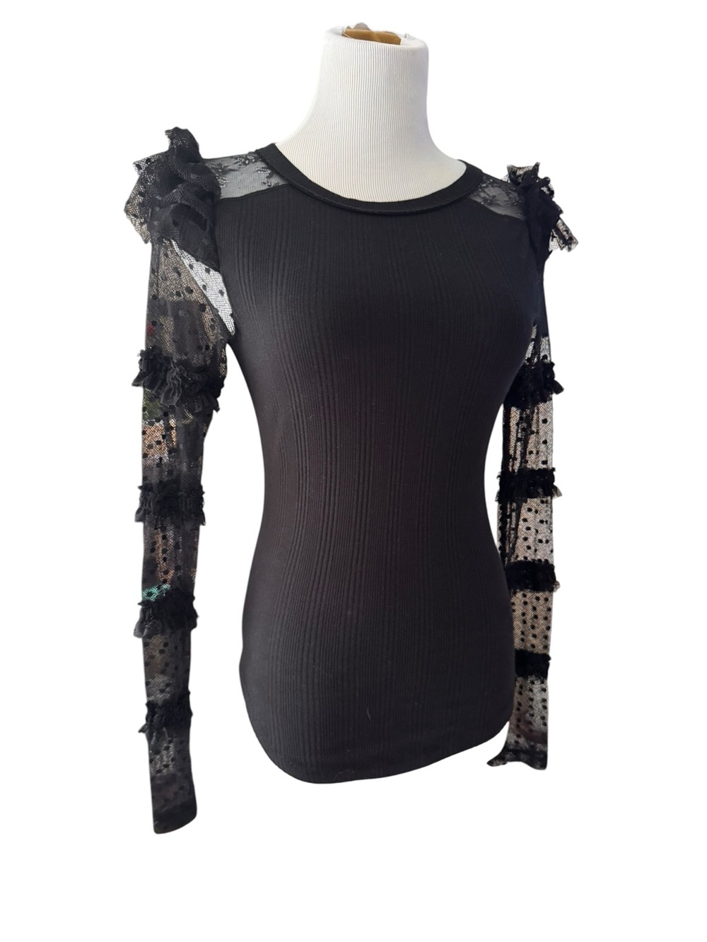Free People "Kiss Kiss" Black Mesh Ruffle Long Sleeve Top - Picture 2 of 6